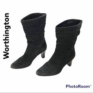 Worthington women black suede slouch pull-up boot low heel Sz 6 1/2
